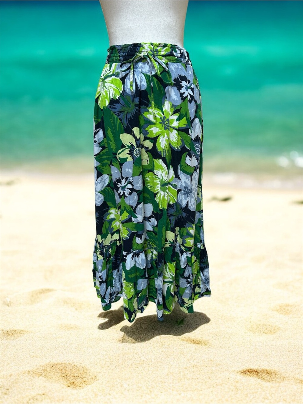 Aerie Floral Green Blue Smocked Tie Drawstring Elastic Waist Tiered MIDI Skirt S